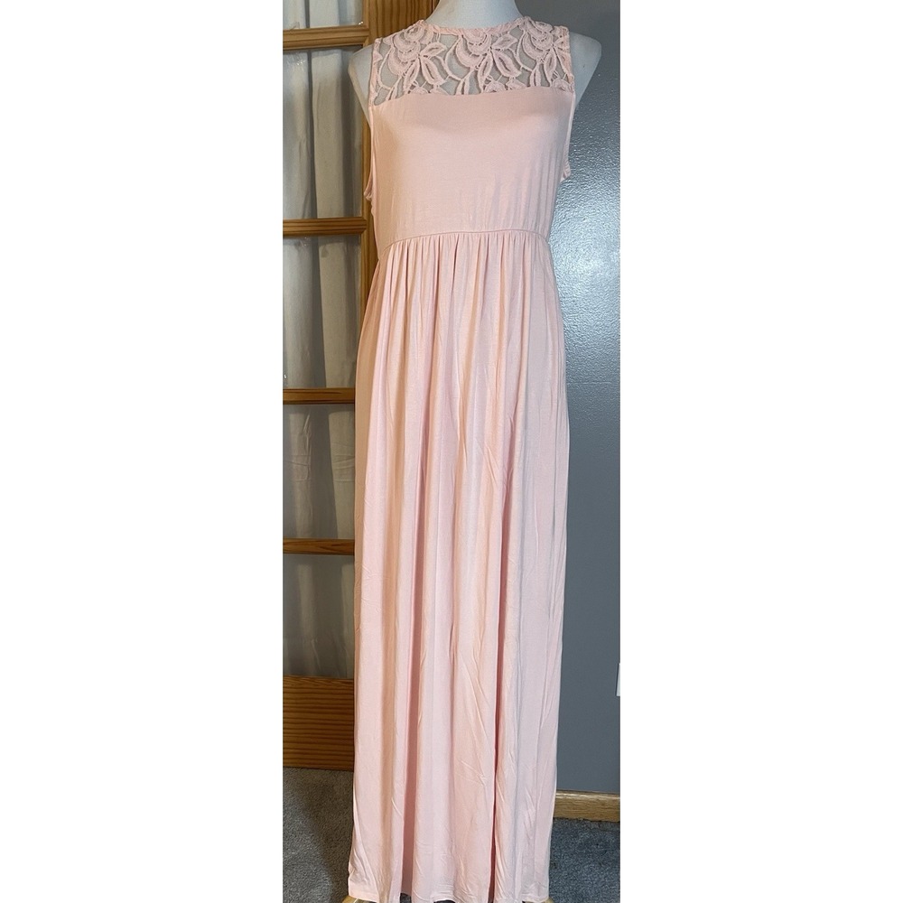 Vtg 80s Pink Blush Maxi Dress Sz L Floral Lace Trim Sleeveless USA Made Boho